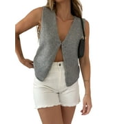 wybzd Women Retro Crochet Knit Tank Vest Y2k Crop Tops Patchwork Sweater Tanks E-Girl Streetwear Gray S
